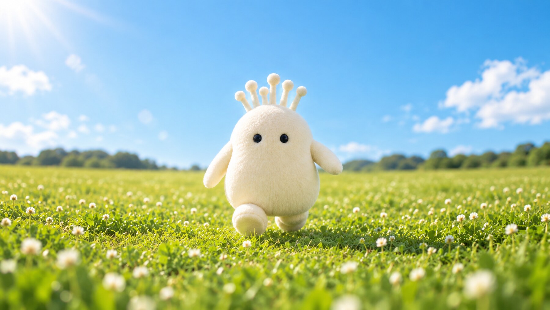 Noki walking through a sunny grass field