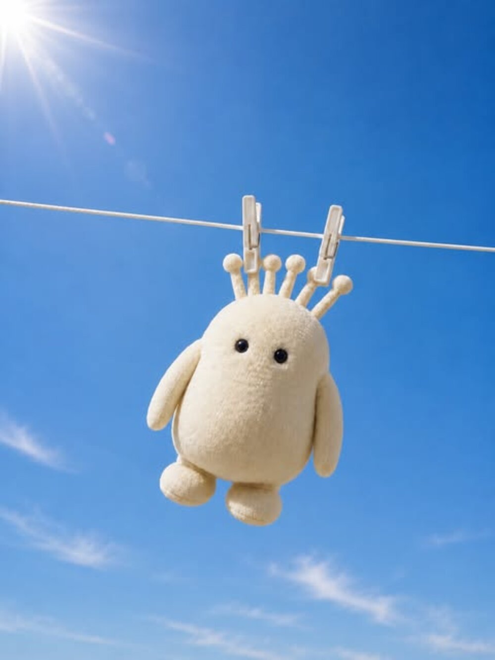 Noki clipped to a clothesline in the sun