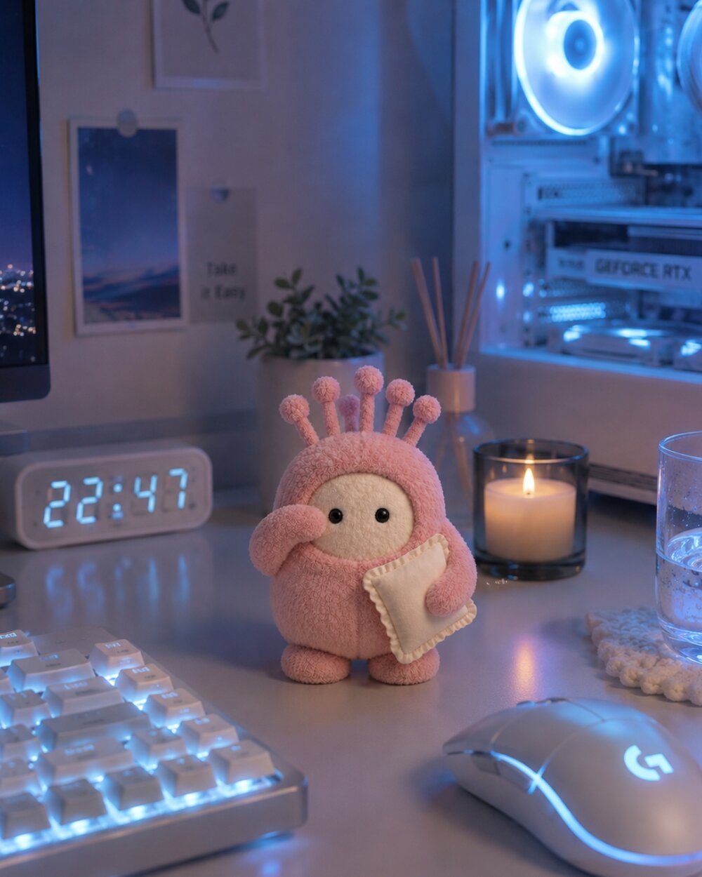 A rare pink Noki on a gamer desk at night